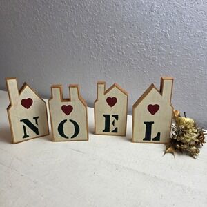 Vintage Primitive Wooden Noel House Christmas Village Blocks Shelf Decor 4 piece
